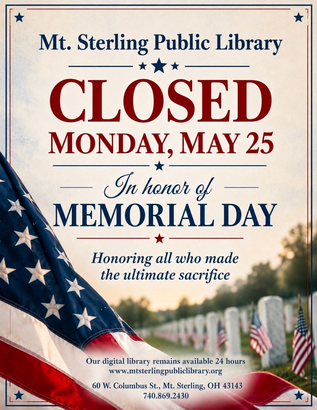 CLOSED for Memorial Day